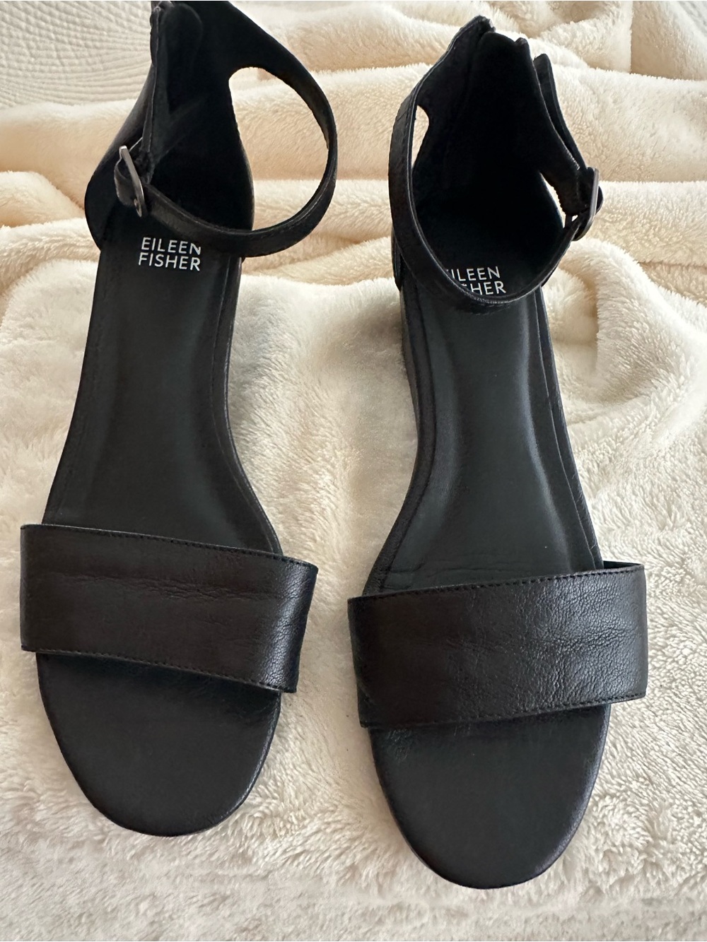Eileen Fisher Black Leather Mara Wedge Ankle-Strap Sandals